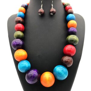 Colorful wooden bead necklace and earrings set